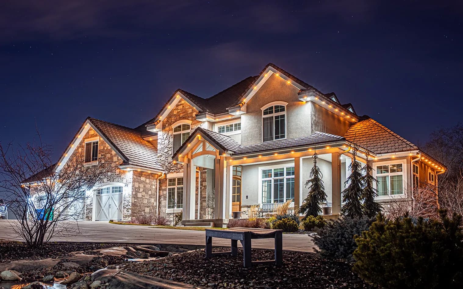 Bright daylight-white permanent LED lighting used as security lighting on a home