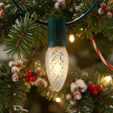 Warm white C9 LED bulb lit on a green socket line in a Christmas tree