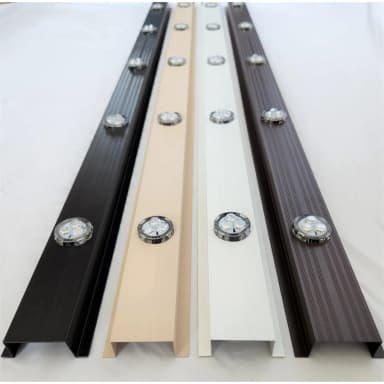 Aluminum permanent lighting track in black, wicker, white and brown with RGBW pucks