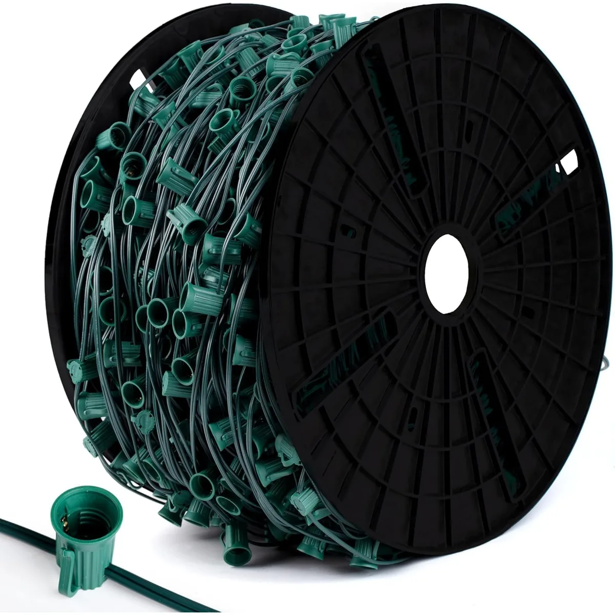 Green C9 socket spool with 12-inch spacing, 1000 ft, with a close-up of an E17 socket